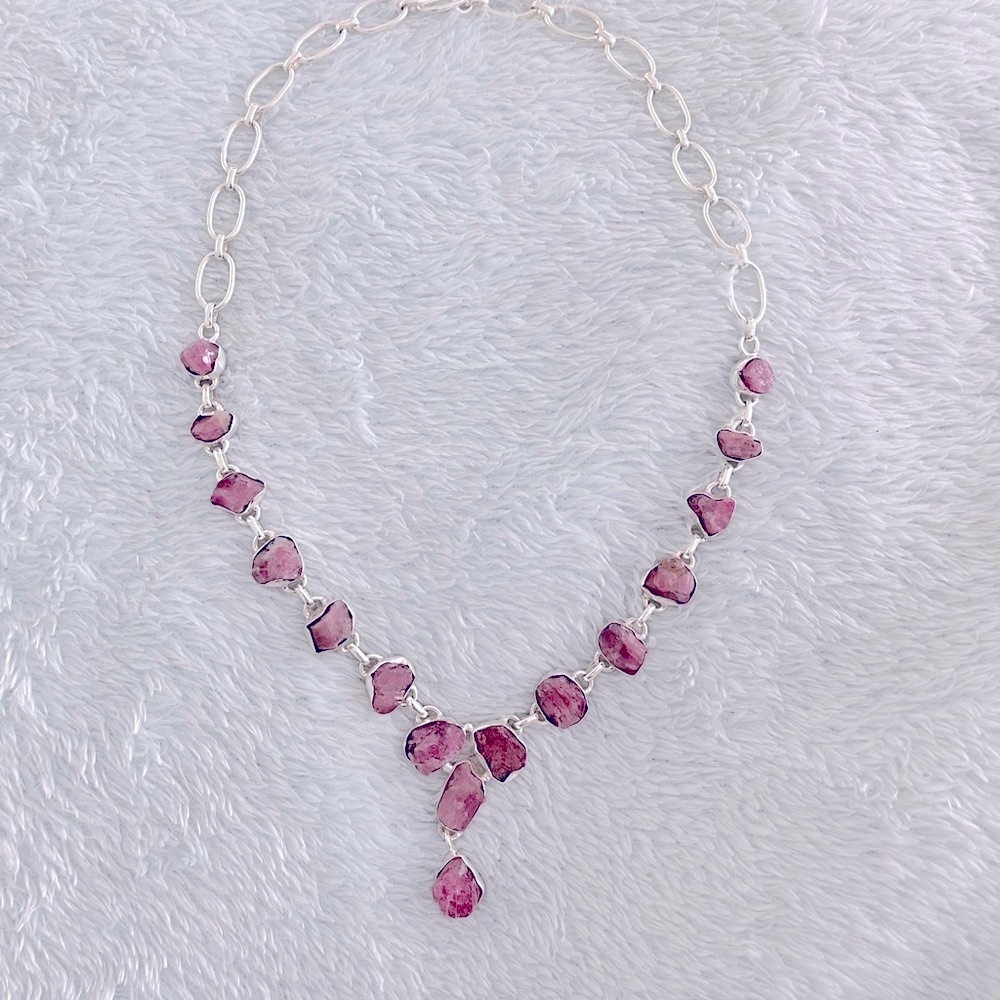 Pink tourmaline set in sterling silver necklace.